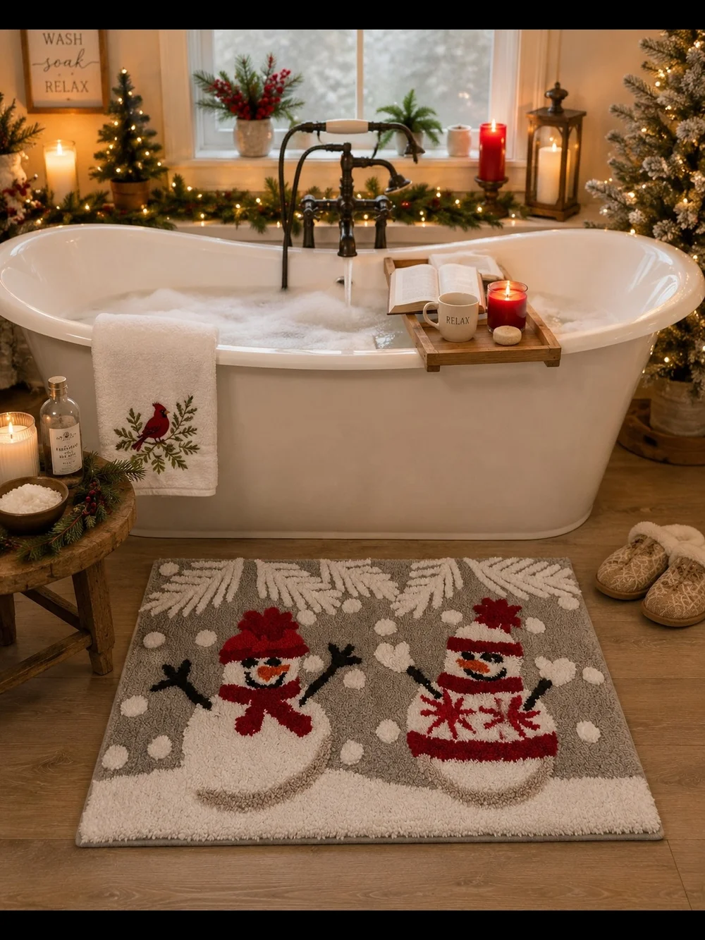 Festive Snowman Bath Rug - Gray, Red & White